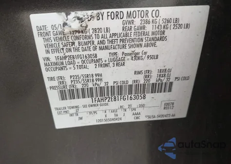 2015 Ford Taurus Sel from USA, damaged, VIN 1FAHP2E81FG163058
